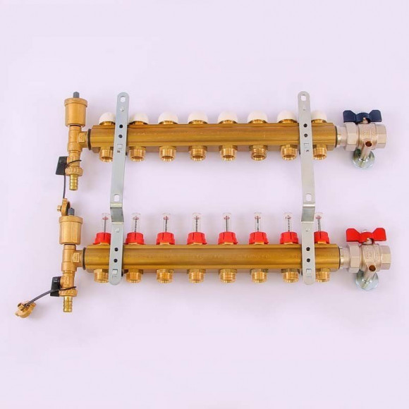Коллектор для теплого пола TIEMME 1"x3/4"ЕК на 8 выходов с расходомерами