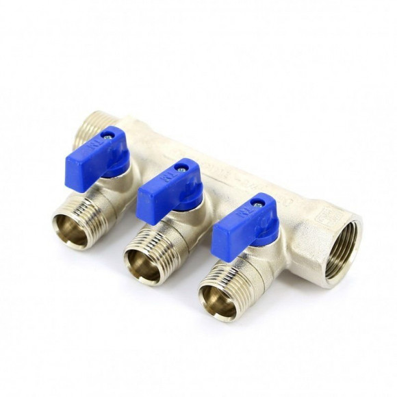 Коллектор НР 3 выхода 3/4"х1/2" TIEMME NINO с шаровым краном никелированный Коллектор НР 3 выхода 3/4"х1/2" TIEMME NINO с шаровым краном никелированный