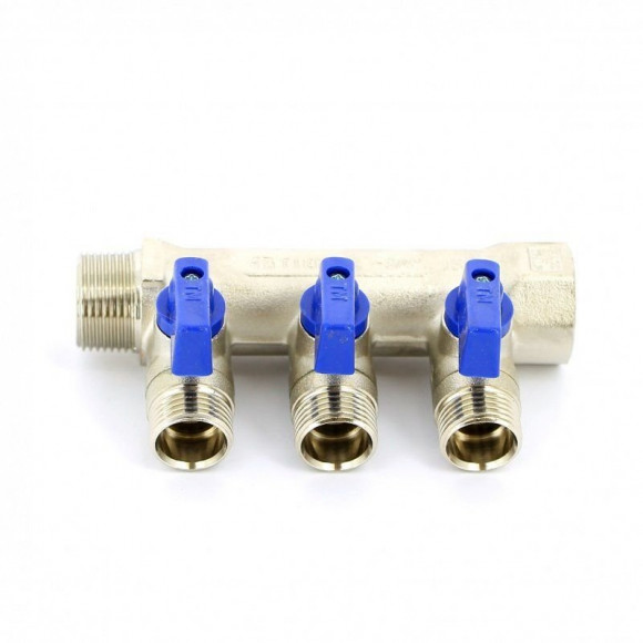 Коллектор НР 3 выхода 3/4"х1/2" TIEMME NINO с шаровым краном никелированный Коллектор НР 3 выхода 3/4"х1/2" TIEMME NINO с шаровым краном никелированный