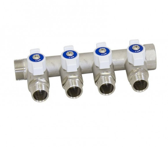 Коллектор НР 4 выхода 3/4"х1/2" TIEMME NINO с шаровым краном никелированный Коллектор НР 4 выхода 3/4"х1/2" TIEMME NINO с шаровым краном никелированный