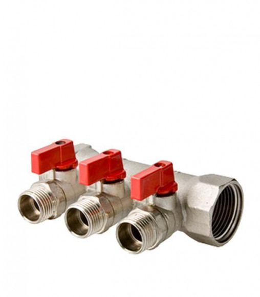 Коллектор 3 выхода 1"х1/2" VALTEC с отсекающими шаровыми кранами латунный Коллектор 3 выхода 1"х1/2" VALTEC с отсекающими шаровыми кранами латунный