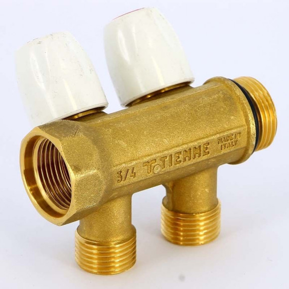 Коллектор НР 2 выхода 3/4"х1/2" TIEMME MAXIMA с вентилями усиленный Коллектор НР 2 выхода 3/4"х1/2" TIEMME MAXIMA с вентилями усиленный