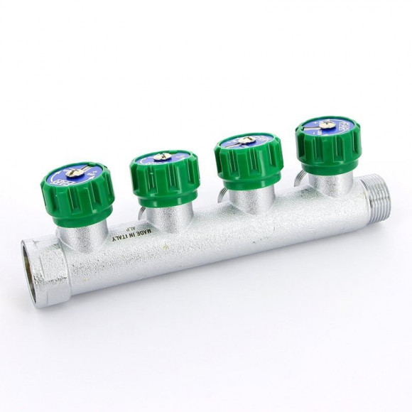 Коллектор FAR 3/4"х1/2" 4 выхода под конус хромированный с вентилями Коллектор FAR 3/4"х1/2" 4 выхода под конус хромированный с вентилями