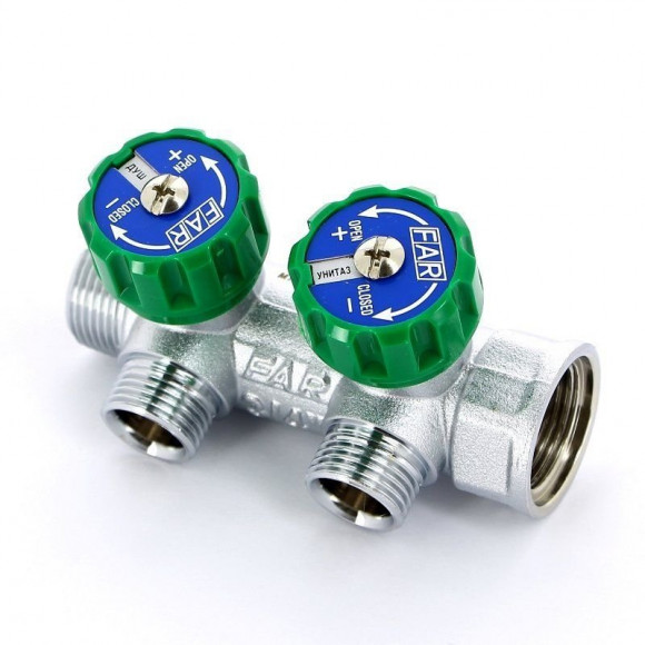 Коллектор FAR 3/4"х1/2" 2 выхода под конус хромированный с вентилями Коллектор FAR 3/4"х1/2" 2 выхода под конус хромированный с вентилями