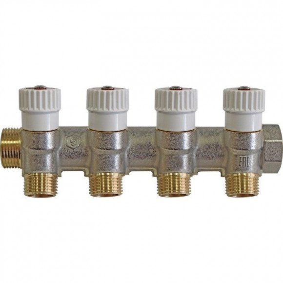 Коллектор 3/4" STOUT с вентилями на 4 выхода 1/2" плоское уплотнение Коллектор 3/4" STOUT с вентилями на 4 выхода 1/2" плоское уплотнение
