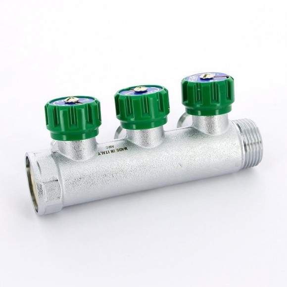 Коллектор FAR 1"х3/4" 3 выхода под ЕК хромированный с вентилями Коллектор FAR 1"х3/4" 3 выхода под ЕК хромированный с вентилями