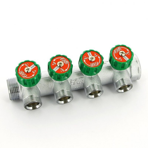 Коллектор FAR 1"х3/4" 4 выхода под ЕК хромированный с вентилями Коллектор FAR 1"х3/4" 4 выхода под ЕК хромированный с вентилями