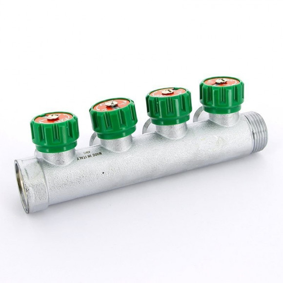 Коллектор FAR 1"х3/4" 4 выхода под ЕК хромированный с вентилями Коллектор FAR 1"х3/4" 4 выхода под ЕК хромированный с вентилями