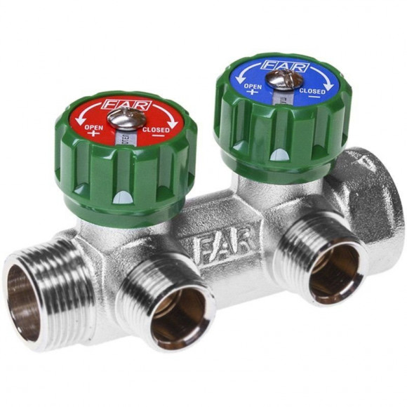 Коллектор FAR 3/4" 2 выхода M24x19 хромированный с вентилями Коллектор FAR 3/4" 2 выхода M24x19 хромированный с вентилями