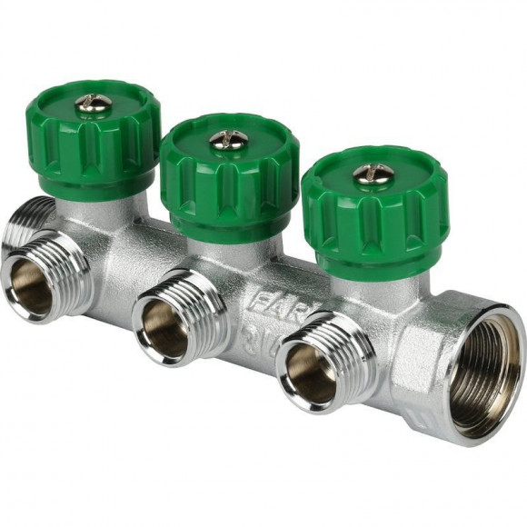 Коллектор FAR 1" 3 выхода M24x19 хромированный с вентилями Коллектор FAR 1" 3 выхода M24x19 хромированный с вентилями